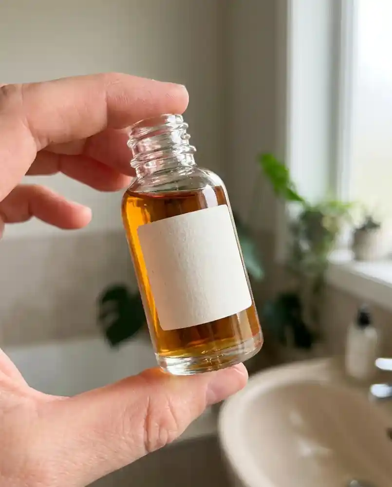 Hand holding a glass serum dropper bottle up to natural light