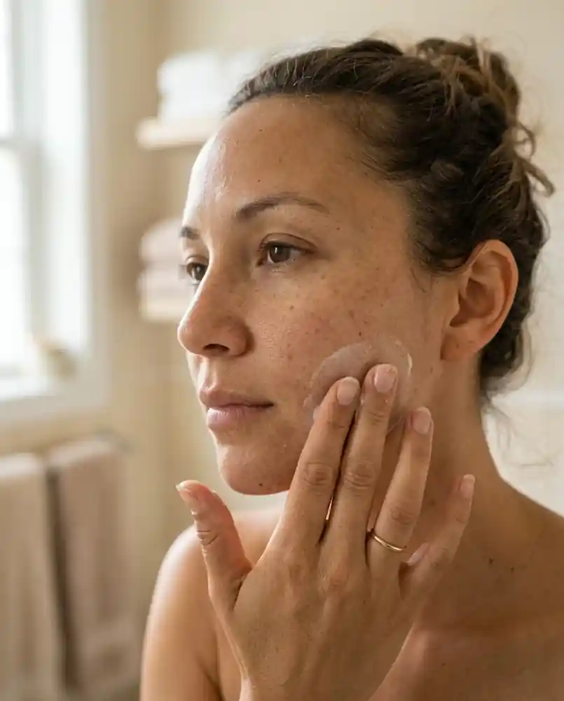 Hand applying moisturizer to the cheek and jaw area