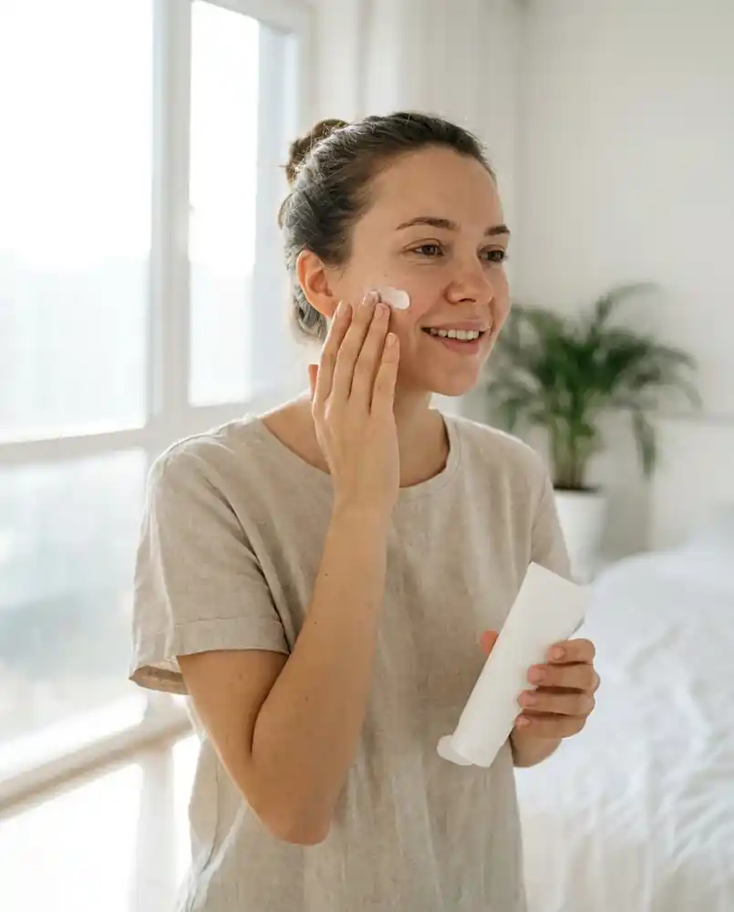 Person applying sunscreen to their face near a sunlit window