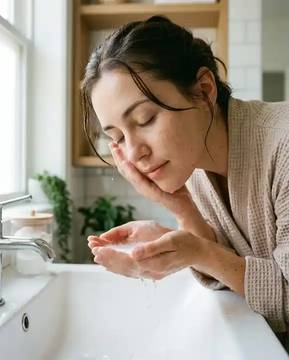 Close-up of a person washing their face with water at a bathroom sink