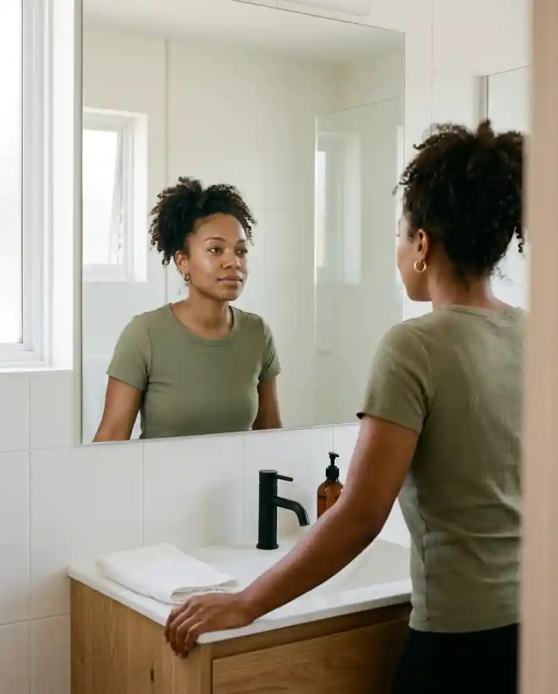 Person looking at their reflection in a bathroom mirror