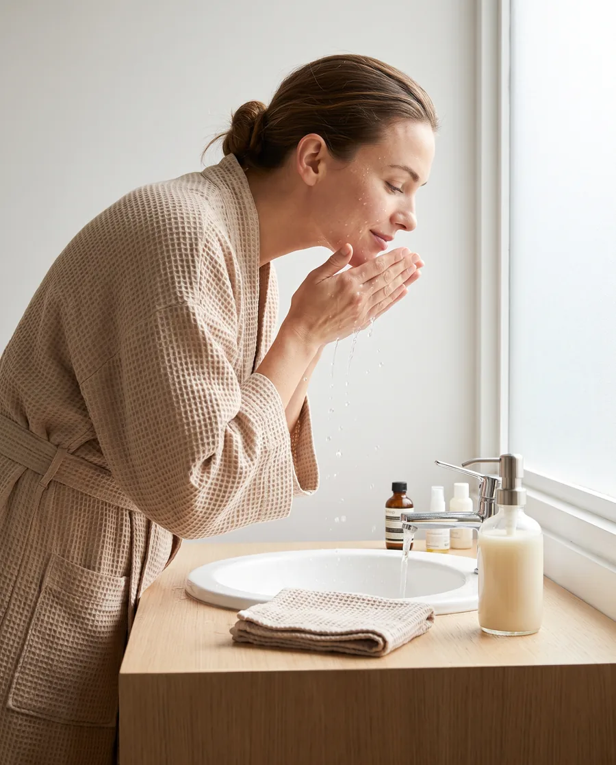 woman washing her face as part of a morning skincare routine for oily skin