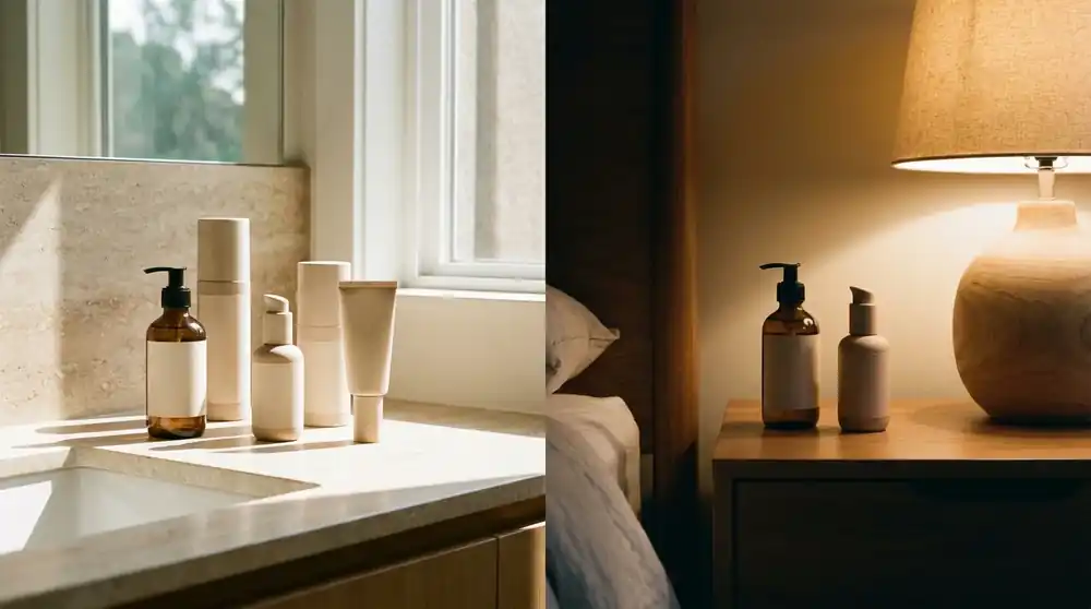 Split image of skincare products on a morning bathroom counter and an evening nightstand