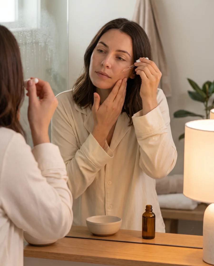 woman applying a nighttime treatment serum for oily skin