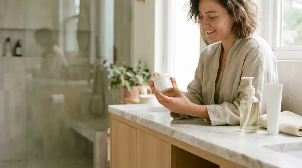 Person holding moisturizer beside cleanser and sunscreen in a bathroom