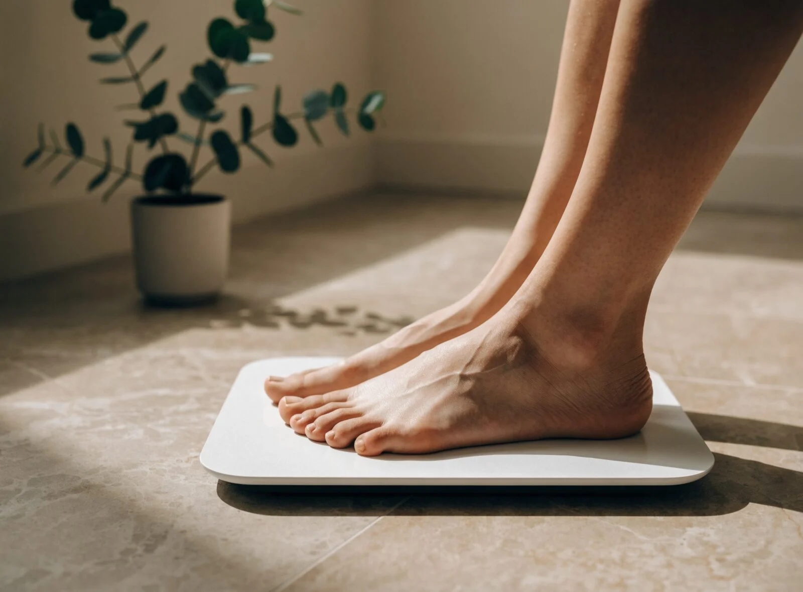 Bare feet stepping onto a bathroom scale