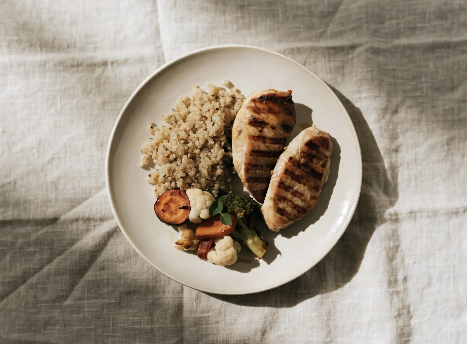 Balanced healthy meal with chicken, quinoa, and vegetables