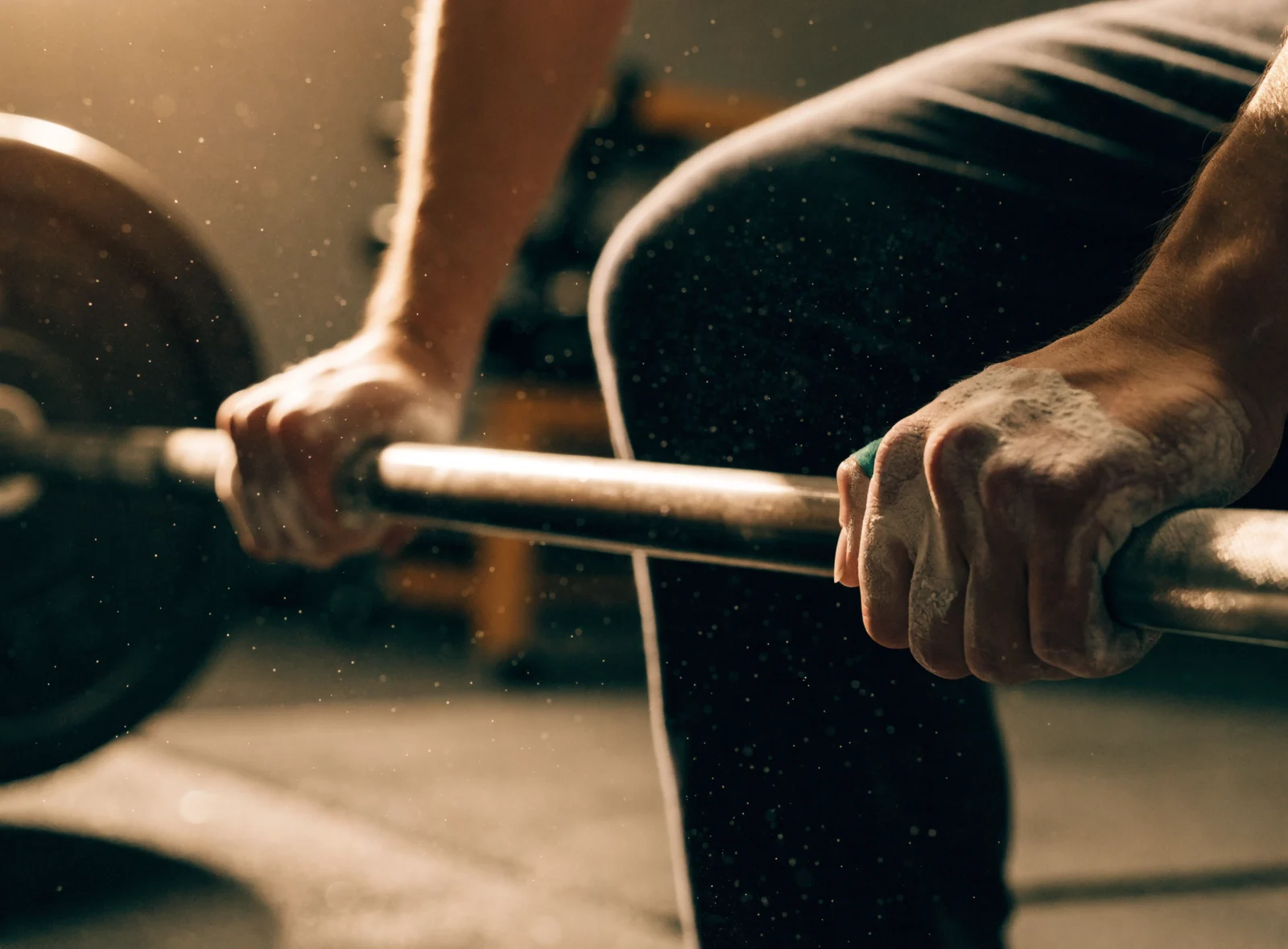 Chalked hands gripping a barbell