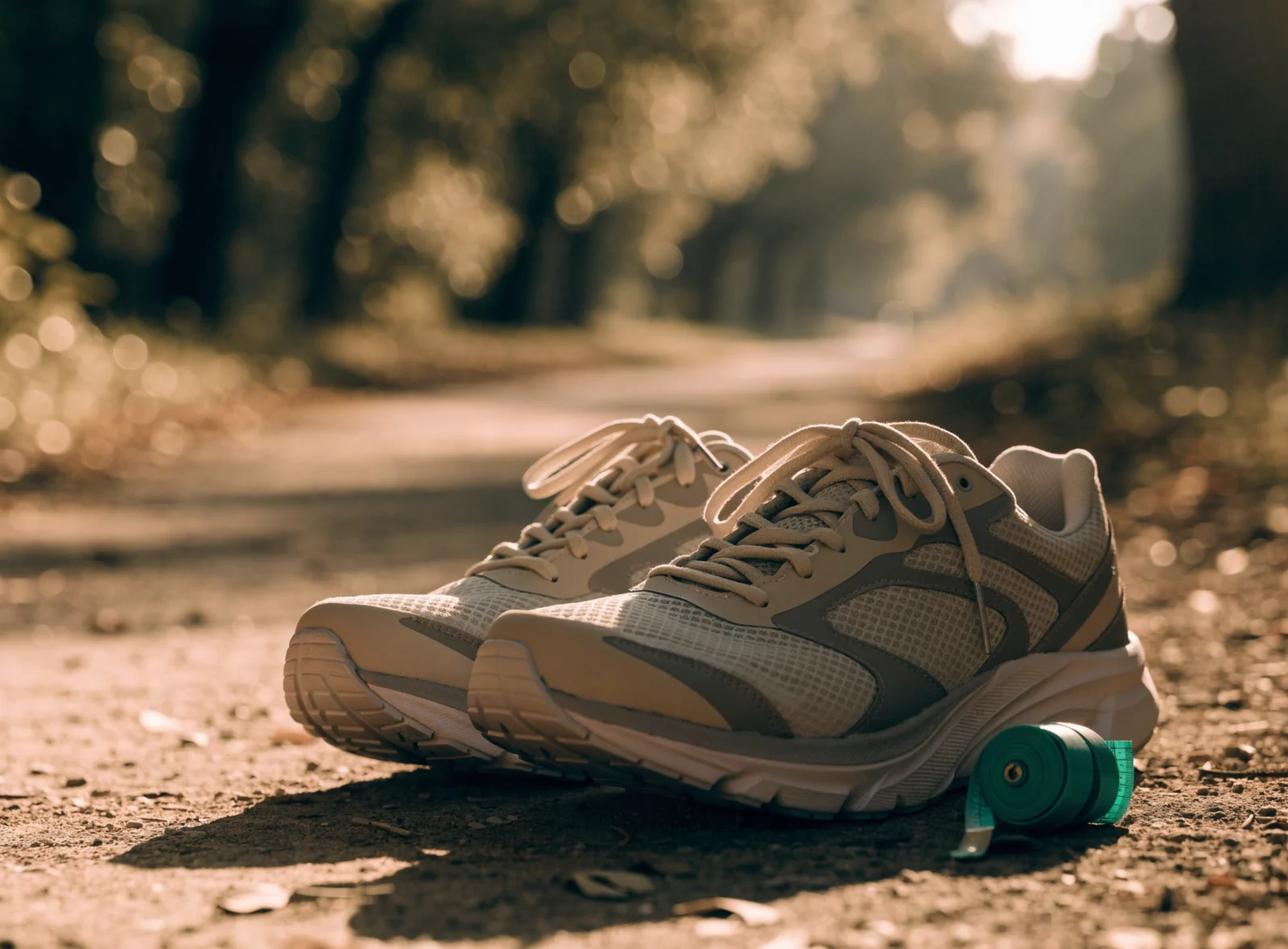 Running shoes on a park trail with a measuring tape