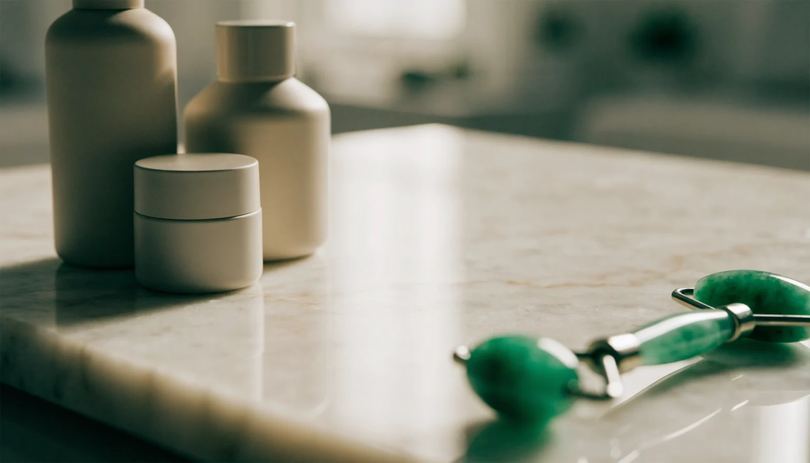 Minimalist skincare bottles and a jade roller on marble