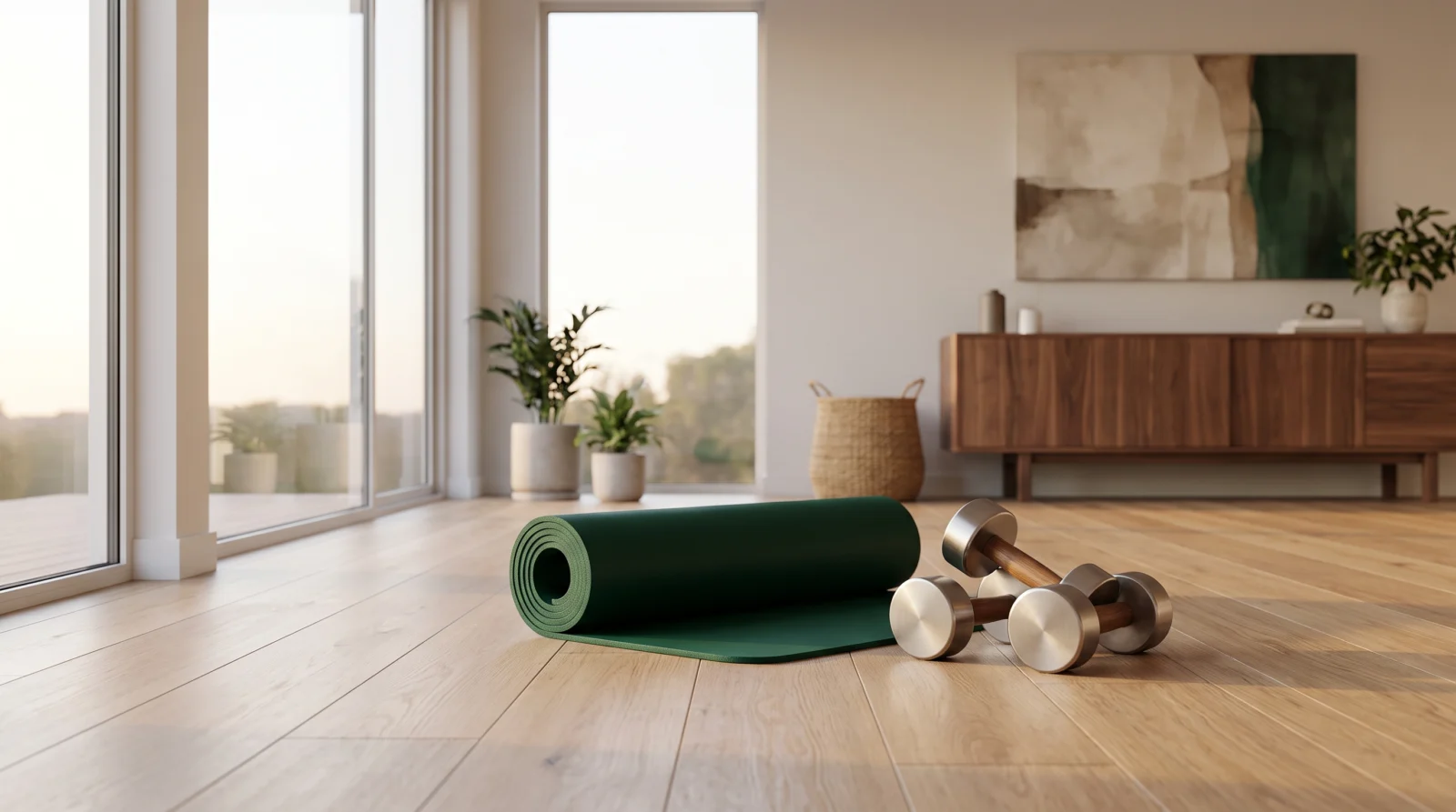 Minimalist home gym with dumbbells and a yoga mat in morning light