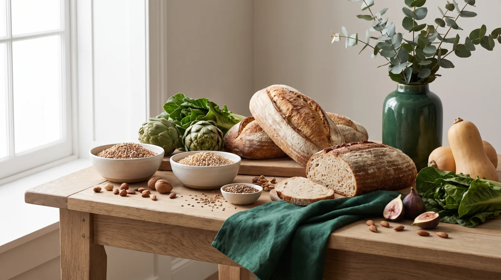 Fresh whole foods, vegetables and grains on a light wooden table