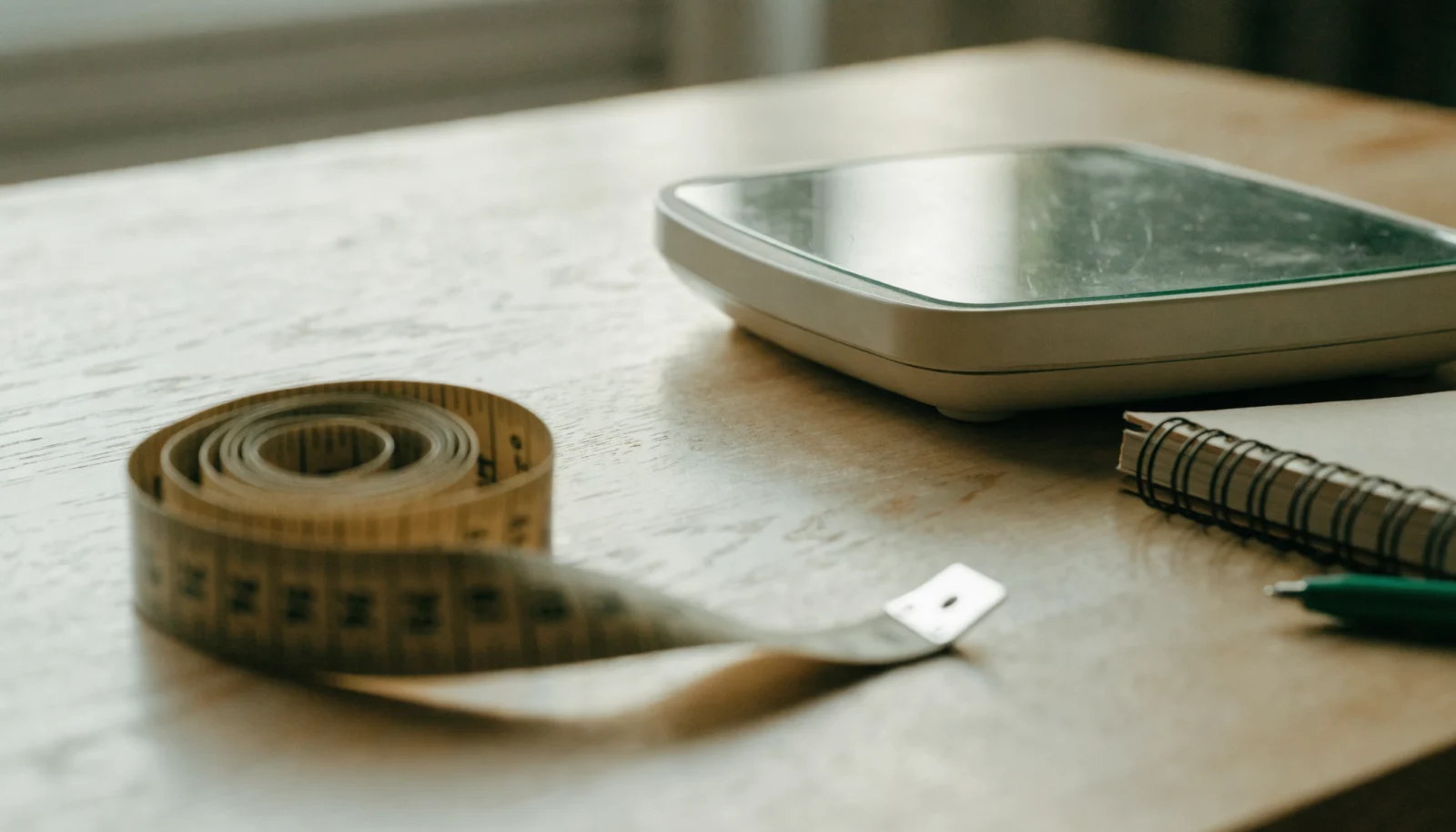Measuring tape, digital scale, and notebook flat lay
