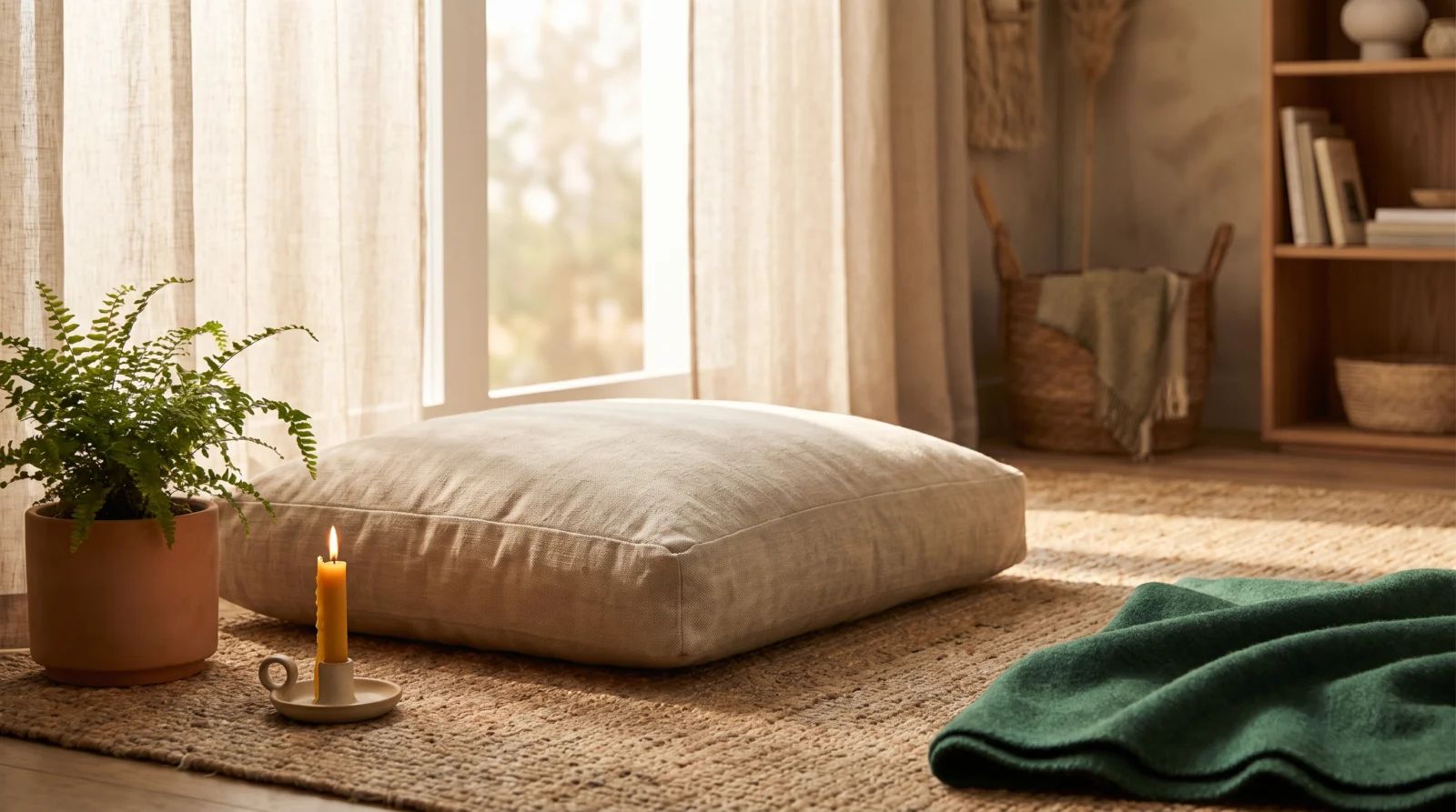 Serene meditation corner with a cushion, candle, and plant