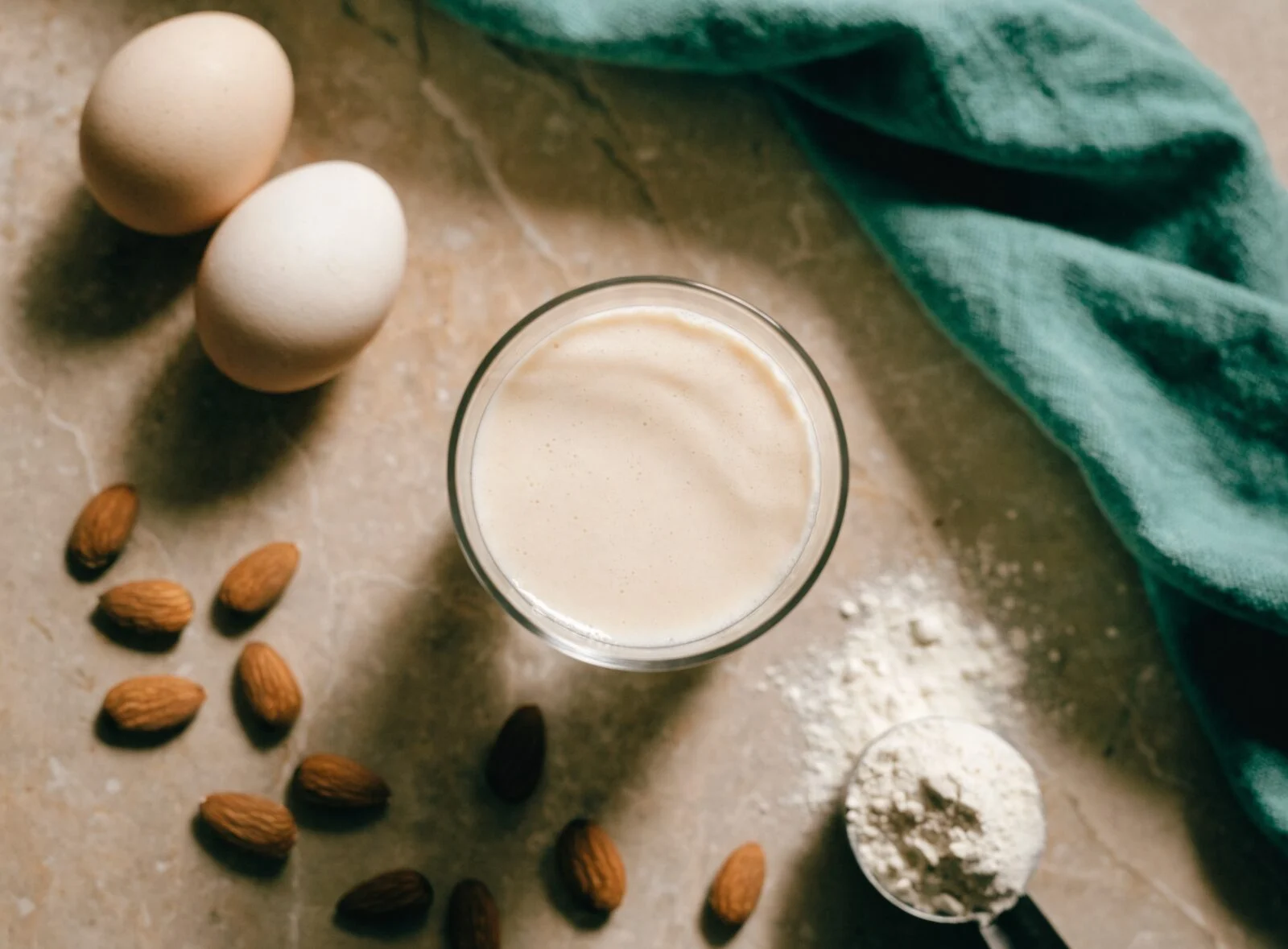Protein shake with almonds, eggs, and protein powder