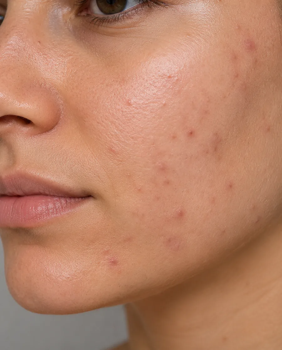 Close-up of acne-prone skin texture with mild breakouts