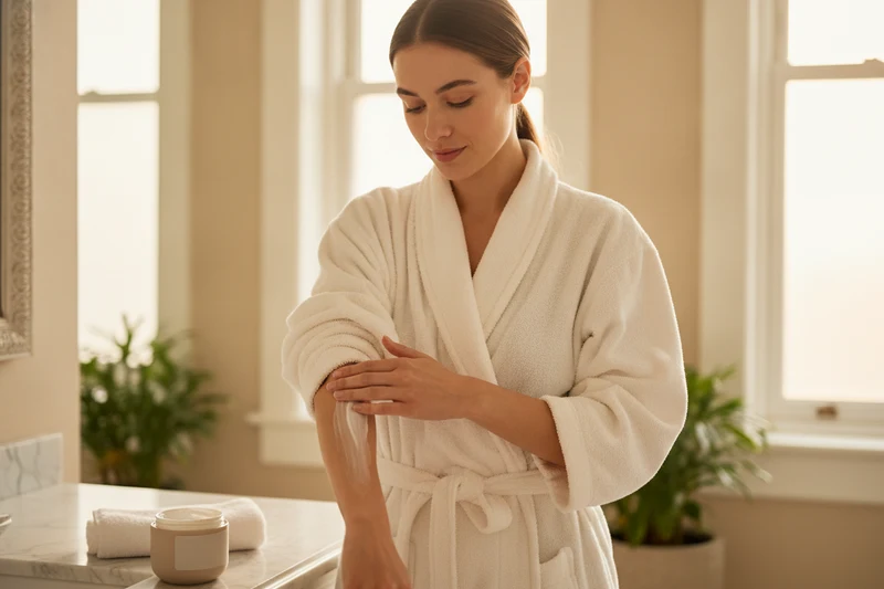 Woman in a robe applying body cream to her arm in a bright, plant-filled bathroom