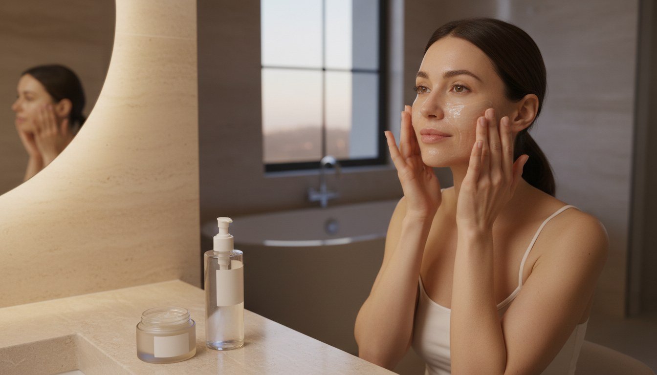 Woman choosing between different facial cleanser formulas for her skin type