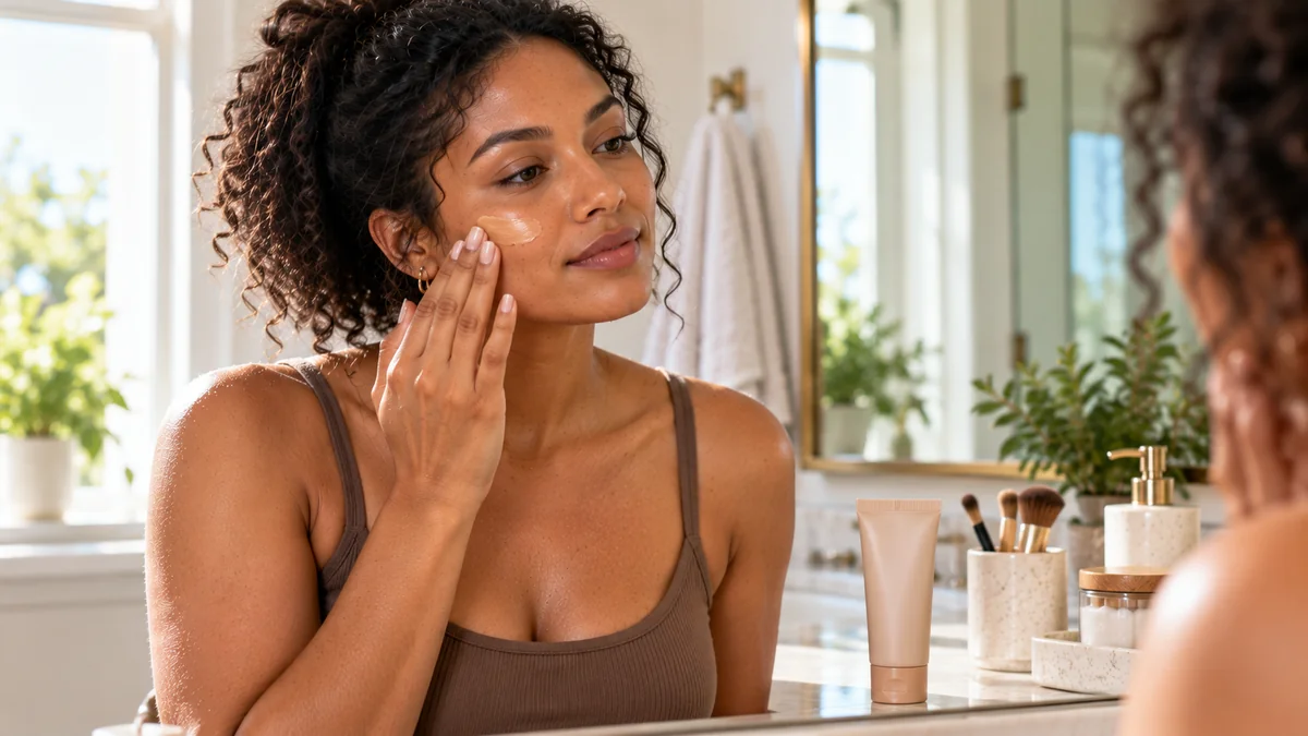 Applying facial sunscreen to the cheek with fingertips