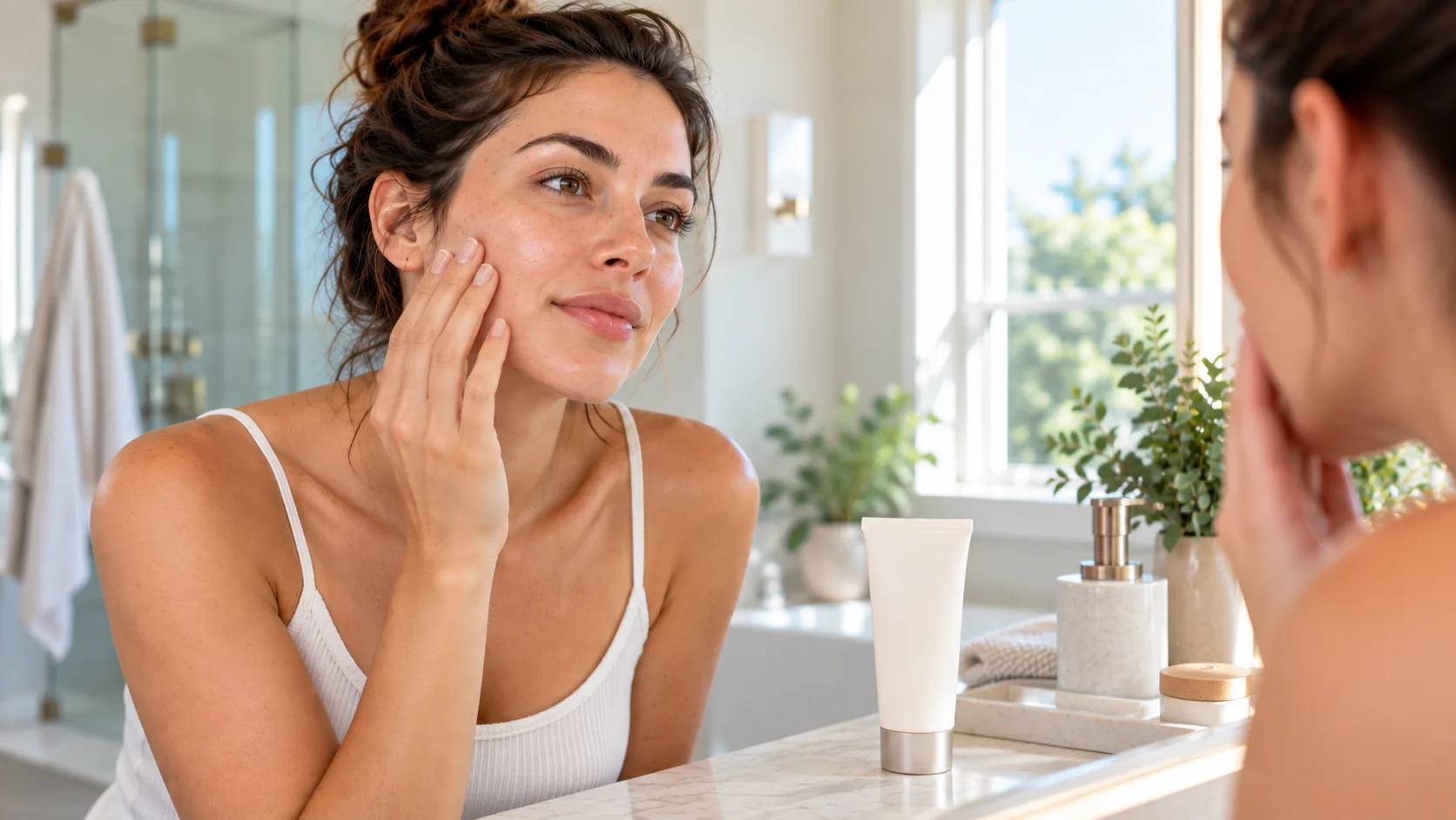 Woman applying facial sunscreen as part of her morning skincare routine