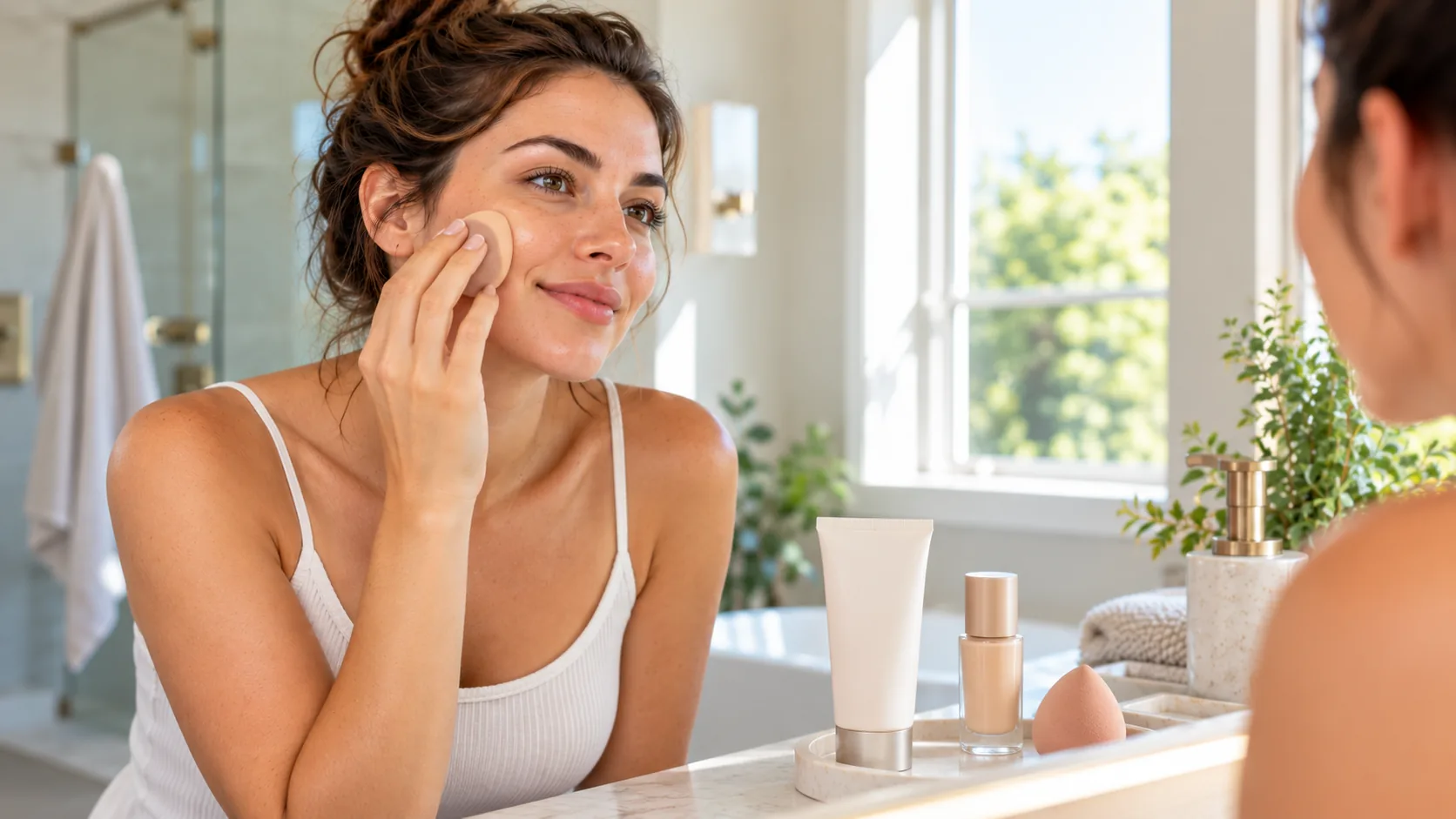 Woman beginning her makeup routine after applying morning skincare