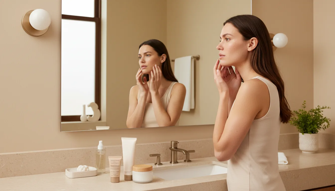Woman choosing between different facial moisturizer textures for her skin type