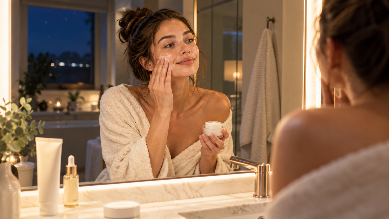 Woman choosing nighttime skincare based on her skin type