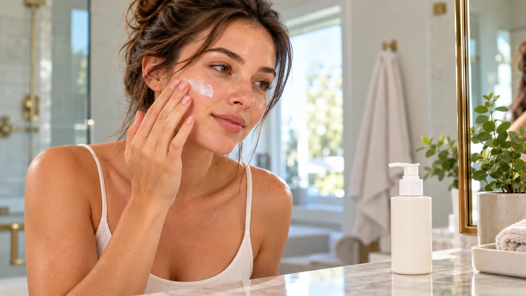 Woman applying a lightweight facial lotion with a pump bottle nearby