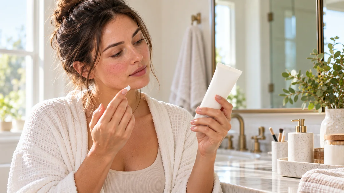 Dotting sunscreen onto the face before blending