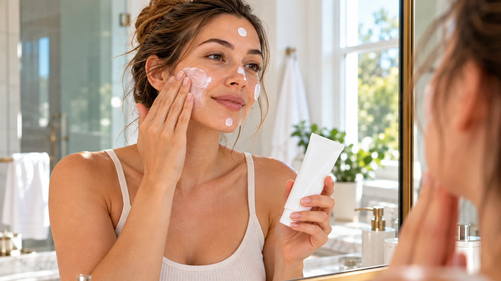 Woman applying sunscreen in dots across her face before blending it in