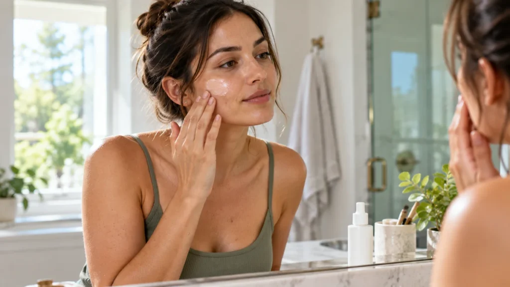 Woman applying sunscreen to her face in a bathroom mirror