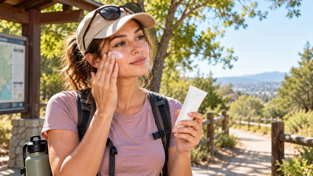 Applying sunscreen outdoors before a hike