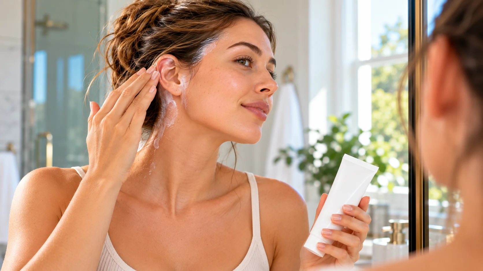Woman applying sunscreen near her ear and hairline in front of a bathroom mirror