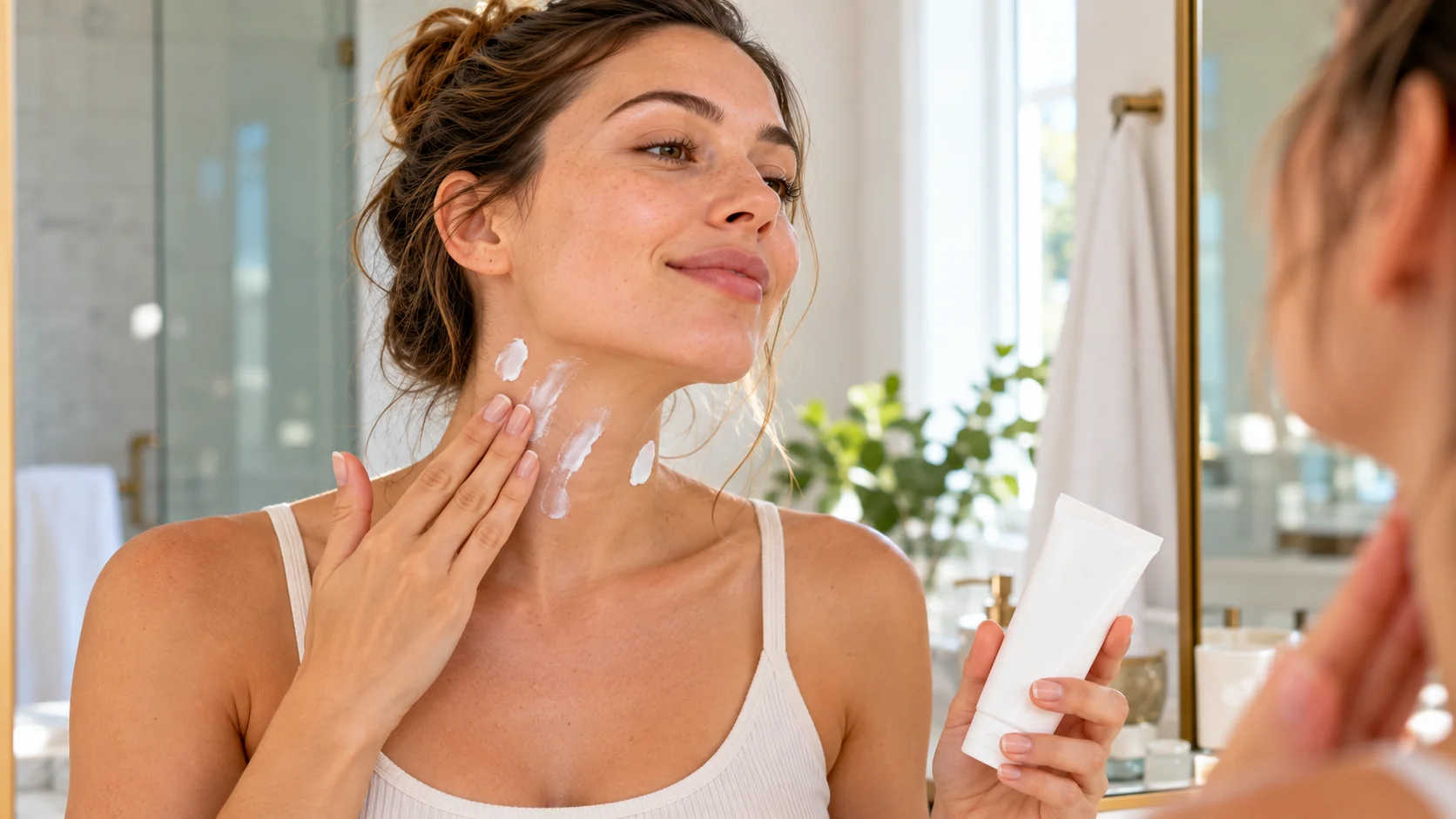 Woman applying sunscreen to her neck and jawline