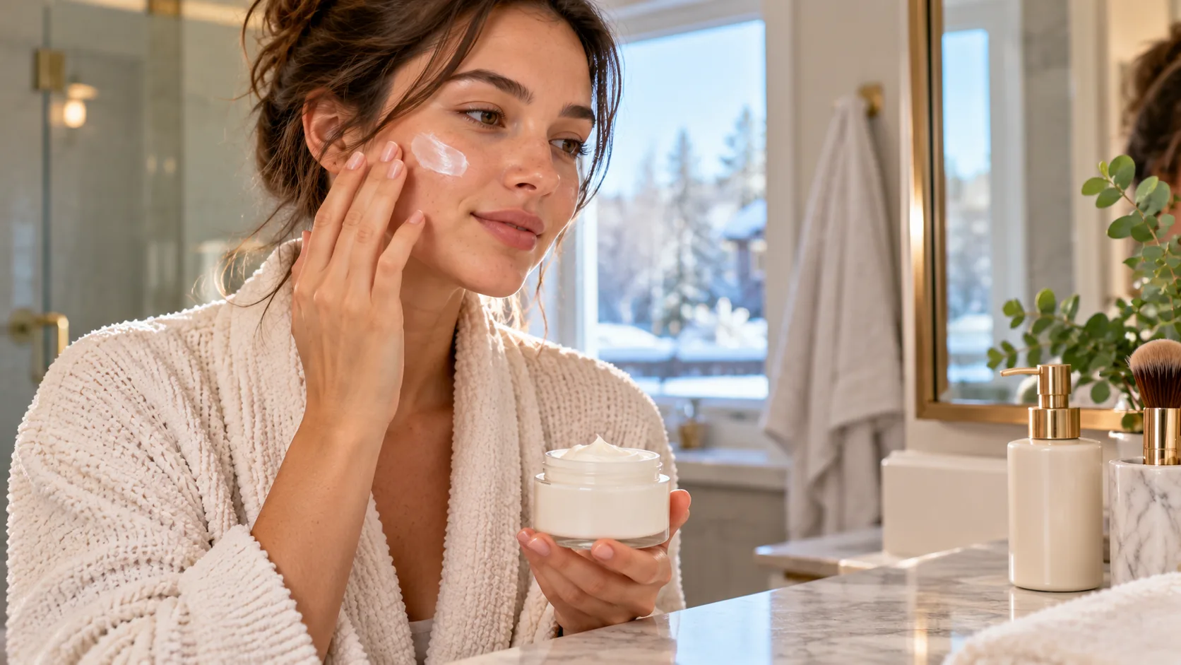 Woman applying a rich facial moisturizer from a jar in a wintry bathroom setting