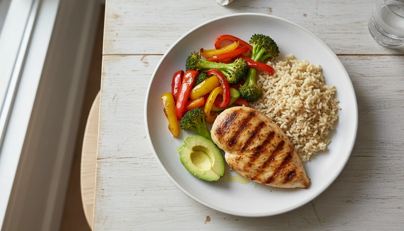 Balanced dinner plate with grilled chicken, roasted vegetables, and brown rice