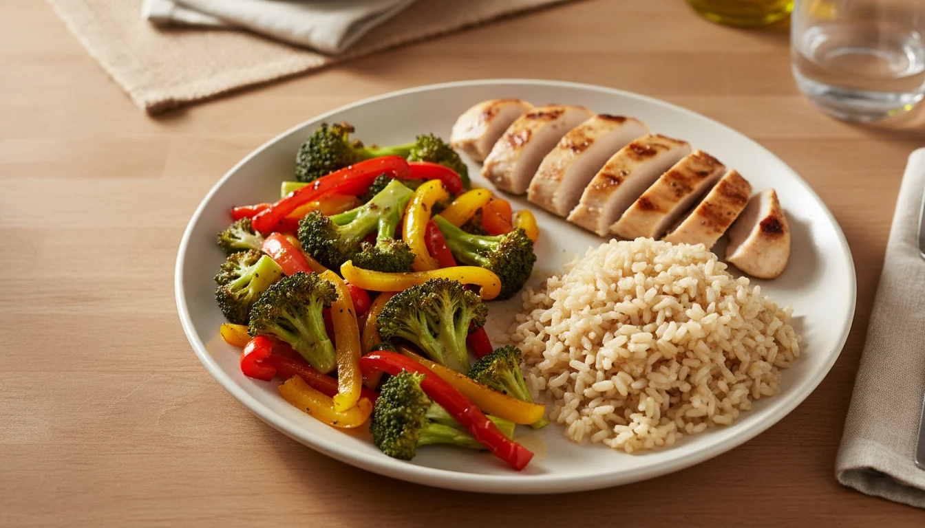 Balanced dinner plate with grilled chicken, roasted vegetables, and brown rice