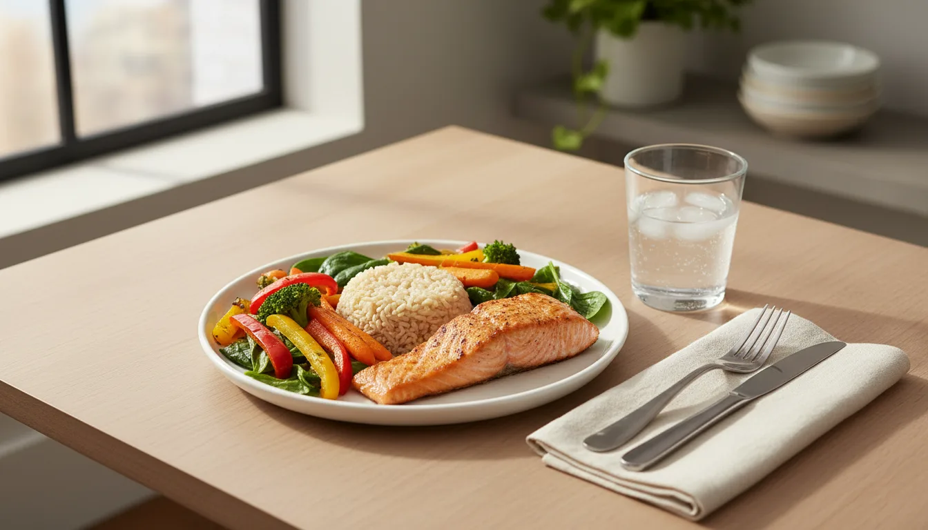 Balanced dinner plate with grilled protein, vegetables, and whole grains for weight loss