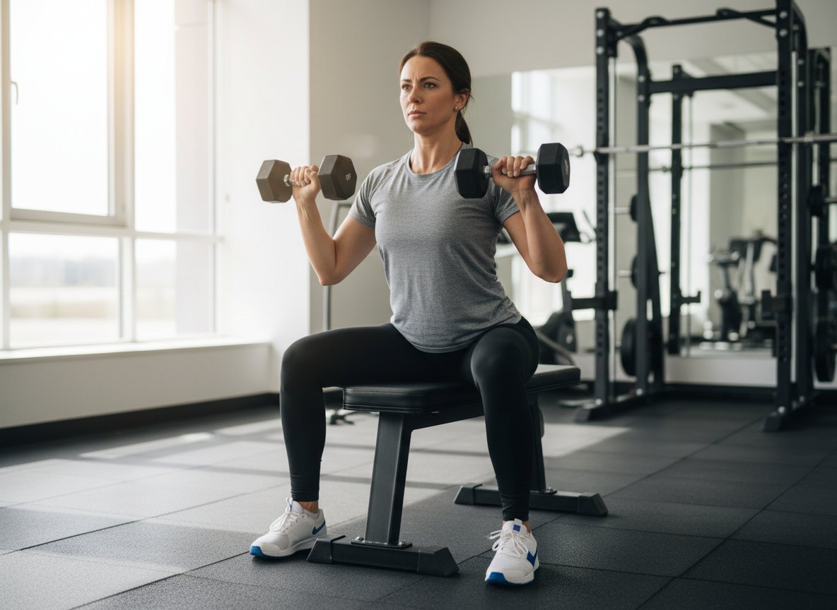 Woman performing a seated dumbbell overhead press during a beginner full-body workout