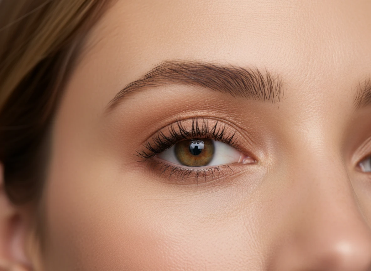 close-up of simple neutral eyeshadow and mascara look
