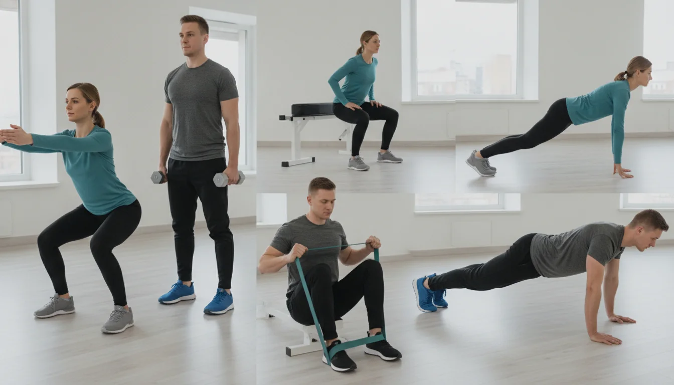Collage of beginner-friendly exercises including a squat, push-up, and row