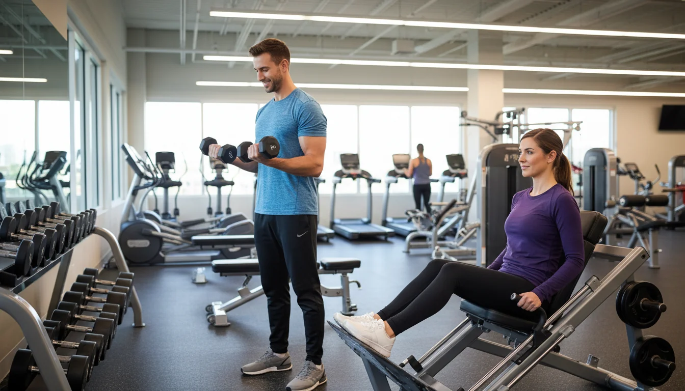 Beginner using a dumbbell at the gym as part of a starter workout routine