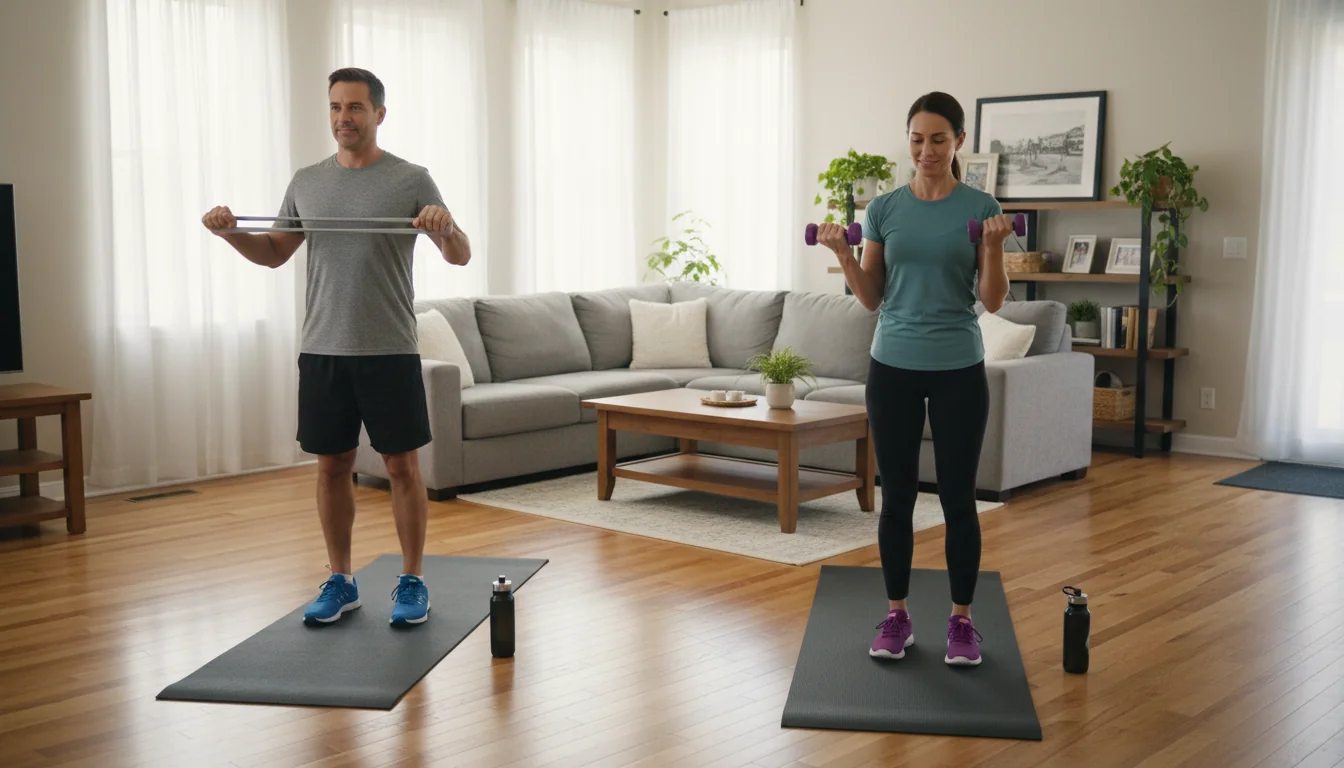 Beginner doing a bodyweight workout in a home living room with a yoga mat