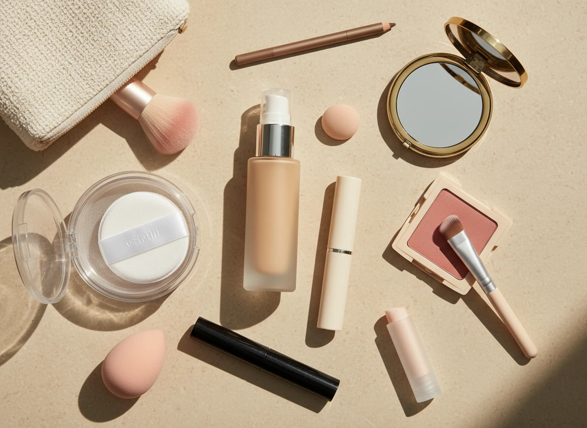 flat-lay of basic beginner makeup products including foundation, concealer, and mascara