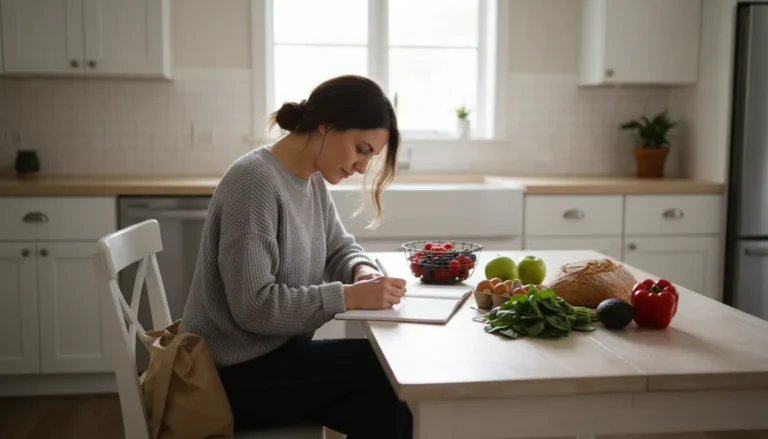 Adult writing a weekly meal plan in a notebook at the kitchen table