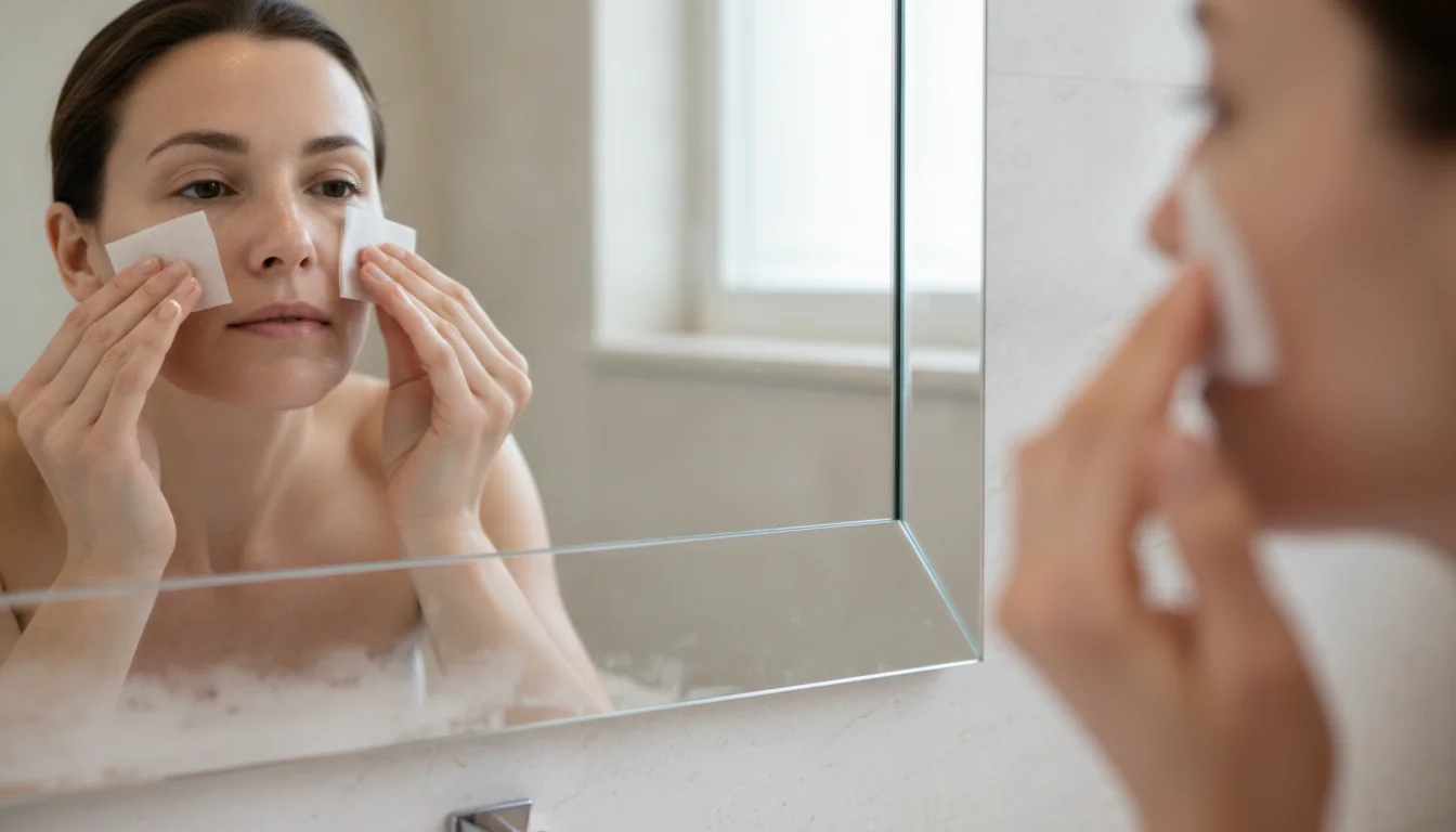 Woman using facial blotting paper to observe surface oil on her T-zone
