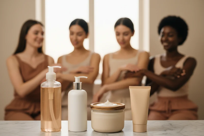 Body wash, cream, and lotion bottles on a marble counter with a group of women in the background
