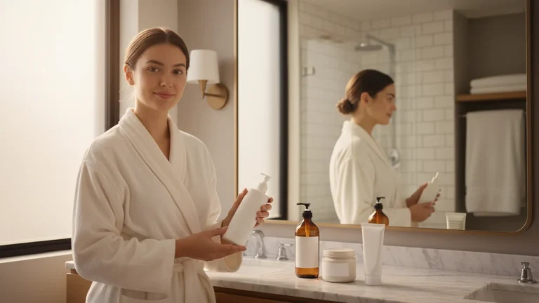 Body care essentials for beginners, including body lotion and body wash arranged on a bathroom counter