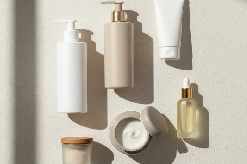 Flat lay of body care essentials, including cleanser, lotion, cream, and oil bottles, arranged on a neutral background