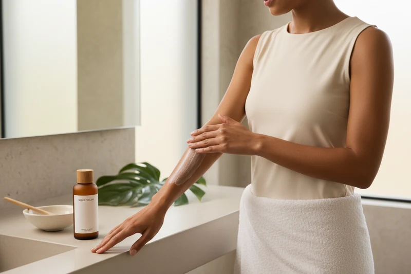 Woman applying a body scrub to her forearm next to a bowl and labeled polish bottle